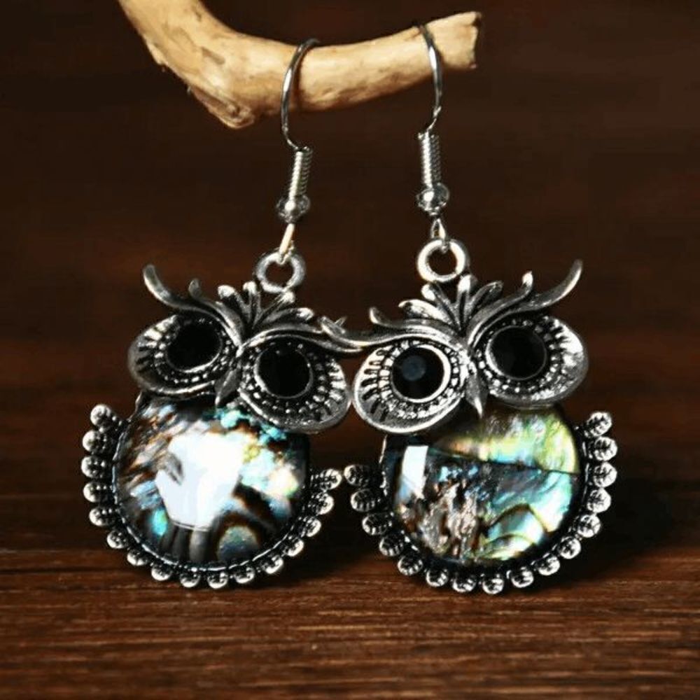 Silver Bohemian Multicolored Black Diamond Eye Owl Dangle Earrings